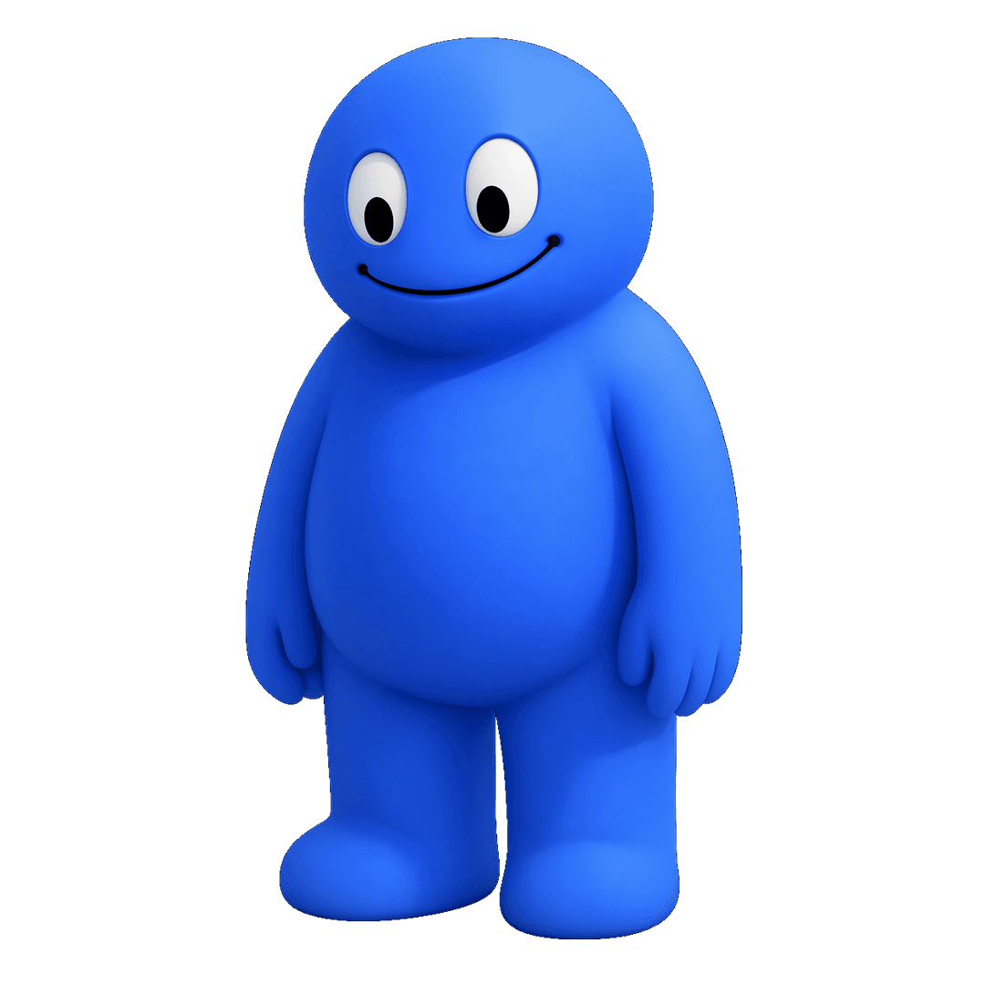 TinyGiant mascot — friendly blue 3D character representing precision and impact